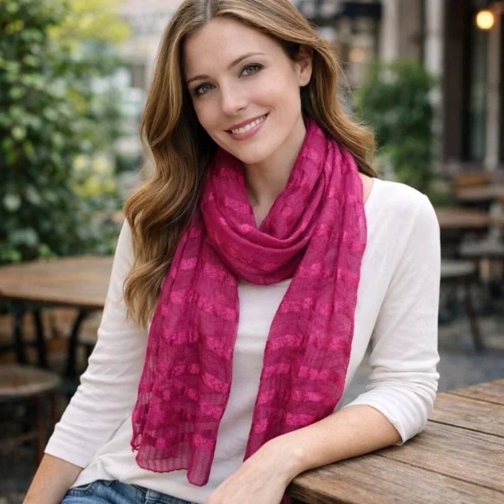 Textured Magenta Silk-Blend Scarf — Lightweight Sheer Wrap